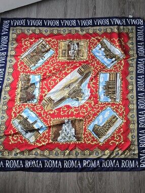 Vintage Roma Italy Souvenir Scarf Baroque Landmark Print Navy Red Gold 34 Square